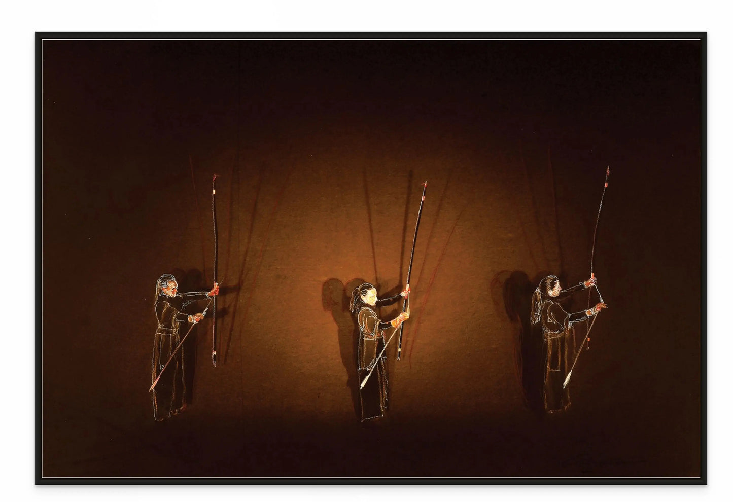 3 ARCHERS WITH PASTEL OVERLAY with Black Oak Floating Frame