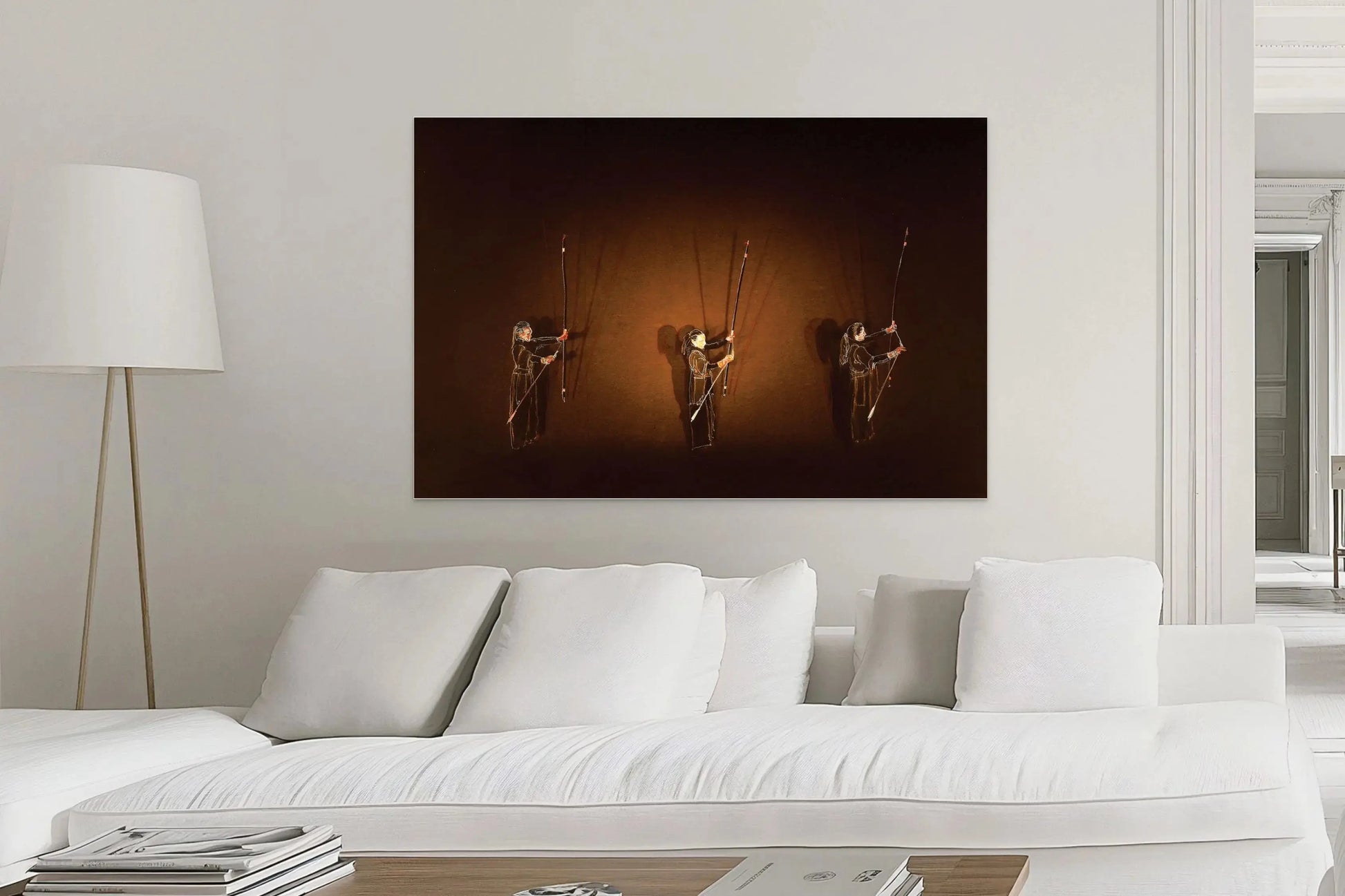 3 ARCHERS WITH PASTEL OVERLAY in a White Room Mockup